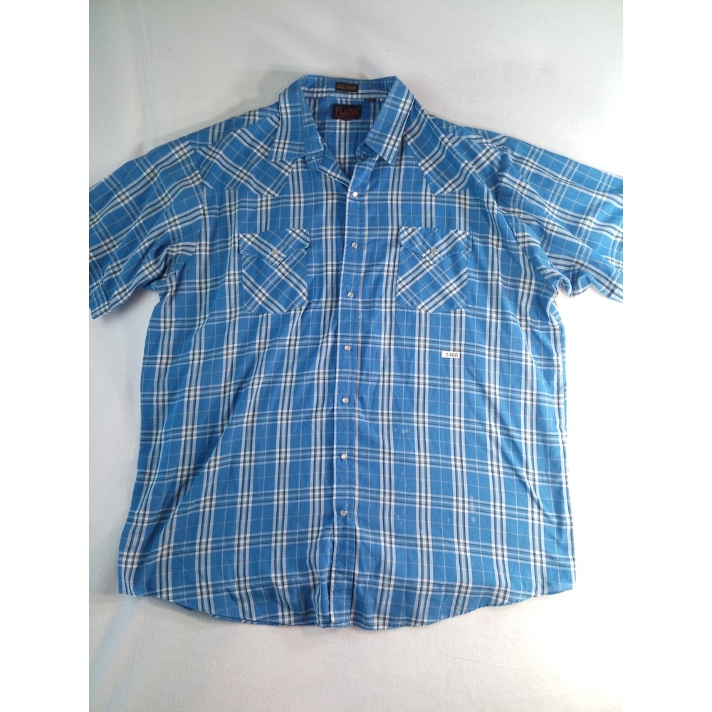 Plains Western Shirt Mens XXLT Tall Blue Plaid Snap Button Light Stains (P)
